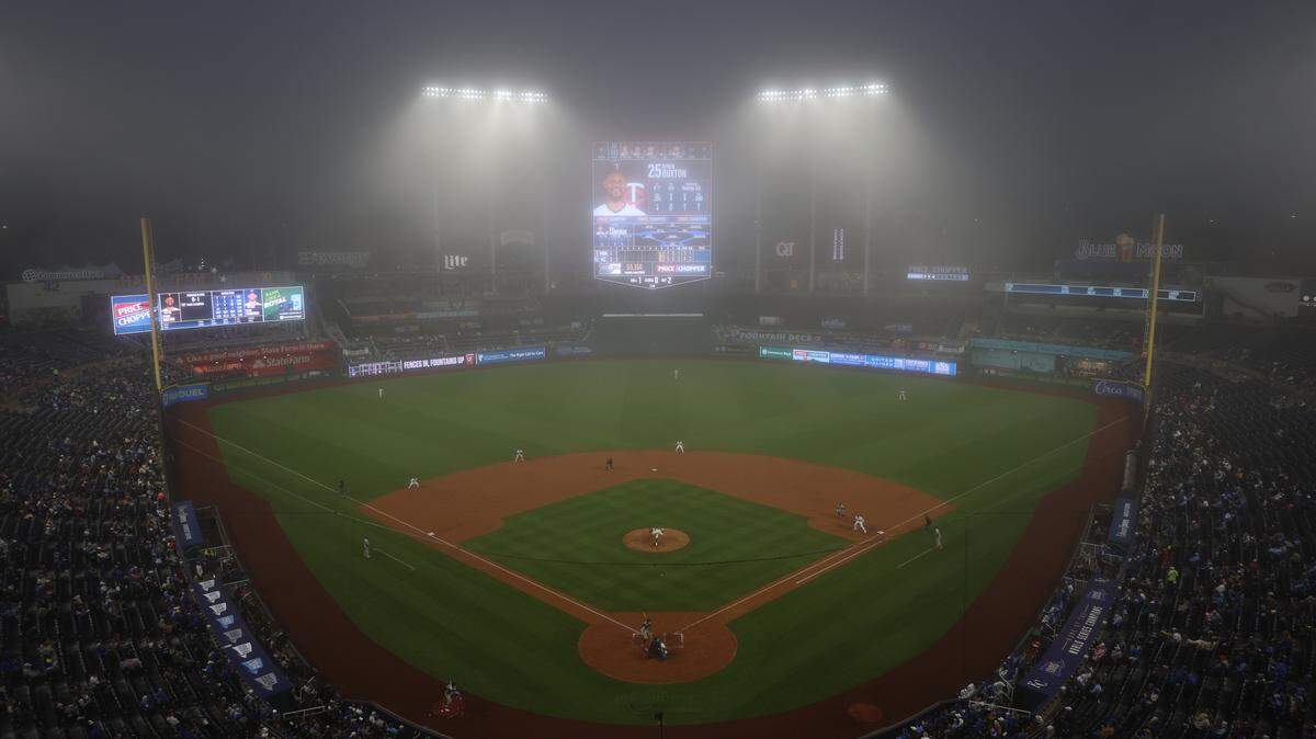 A general view as fog rolls in during the game between the Minnesota Twins and the Kansas City Royals at Kauffman Stadium on April 1, 2026 in Kansas City, Missouri.