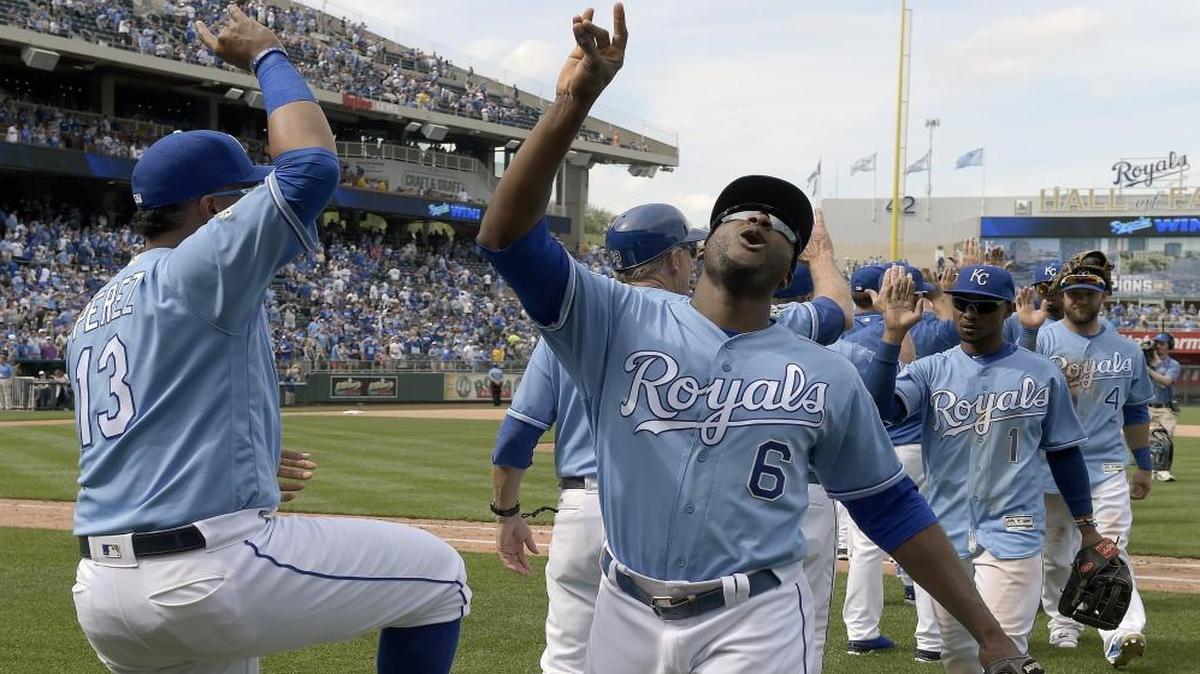 Kansas City Royals center fielder Lorenzo Cain celebrated with Salvador Perez after a 6-1 win over the Baltimore Orioles on Sunday at Kauffman Stadium.