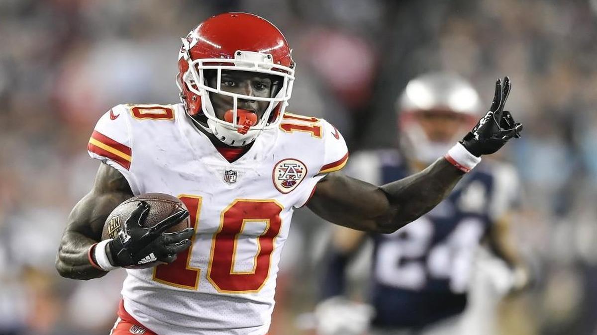 Kansas City Chiefs wide receiver Tyreek Hill held up two fingers on his 75-yard touchdown catch in the third quarter against the New England Patriots.