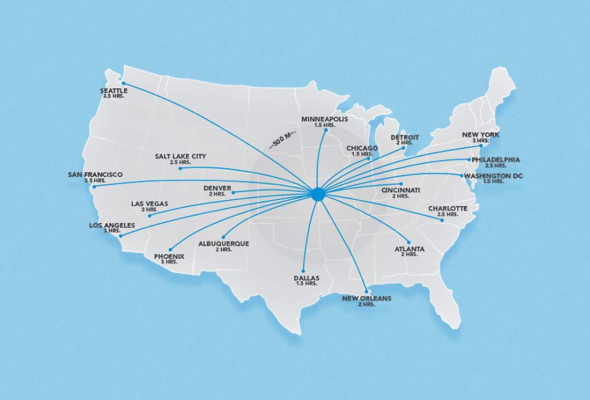 This map shows Kansas City’s appeal as a base camp because of the short flights required to get to matches.
