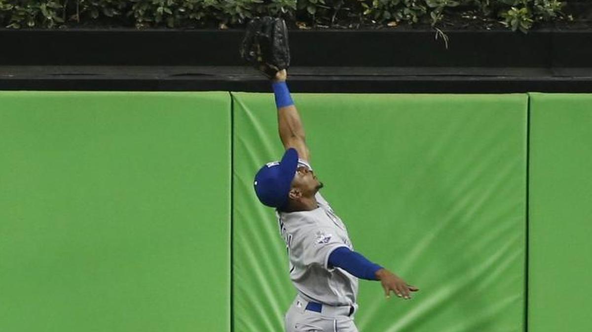 Kansas City Royals center fielder Jarrod Dyson climbed the wall as he robbed a home run.