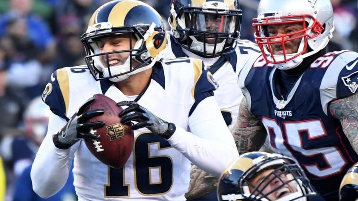 Los Angeles Rams quarterback Jared Goff was sacked during Sunday’s loss to the New England Patriots.
