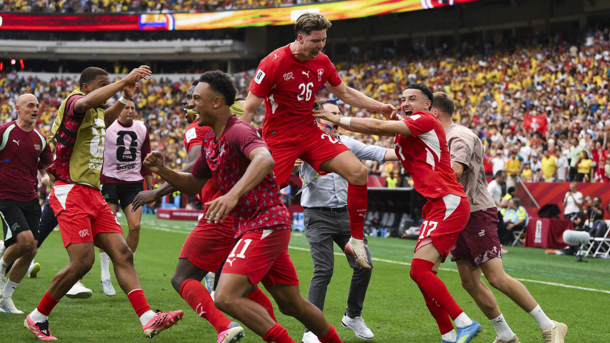 Ruben Vargas #17 of Switzerland celebrates with teammates after scoring the fifth penalty in a penalty shootout for victory during the FIFA World Cup 2026 Round of 16 match between Switzerland and Colombia at BC Place Vancouver on July 7, 2026 in Vancouver, British Columbia, Canada.
