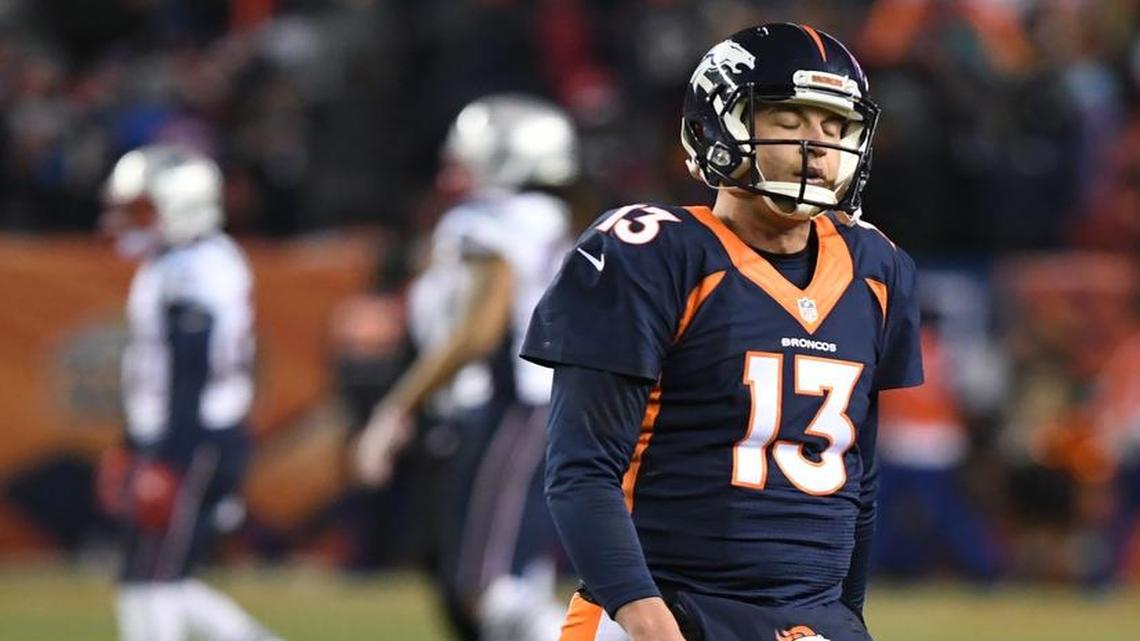 Denver Broncos quarterback Trevor Siemian left the field after wide receiver Jordan Norwood fumbled on Denver’s final possession of a 16-3 loss to the New England Patriots on Sunday at Sports Authority Field at Mile High in Denver.