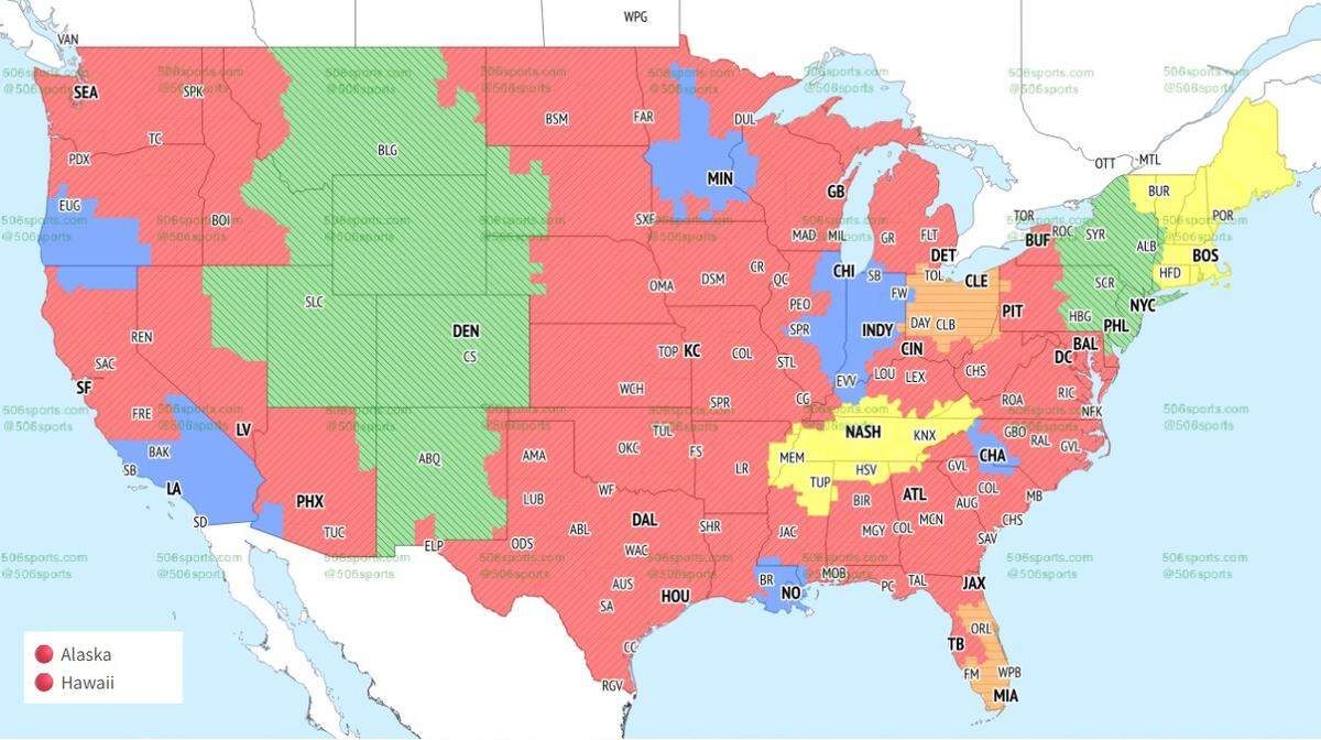 Areas in red will see the Chiefs-Raiders game on Sunday.