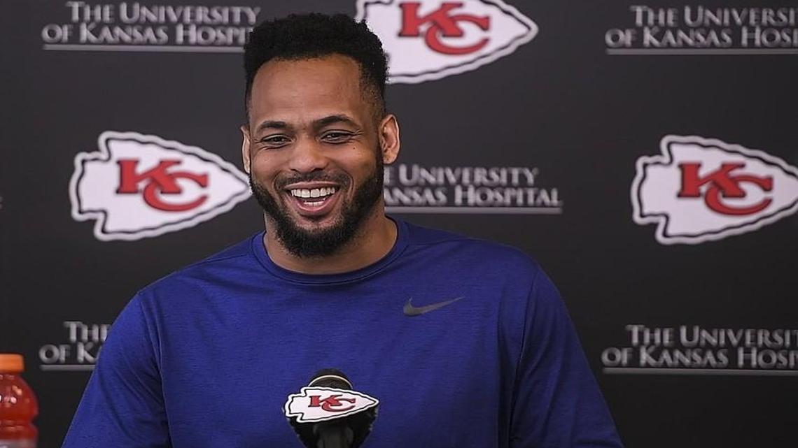 Kansas City Chiefs linebacker Derrick Johnson smiled during a question about his Achilles heel rehabilitation in his news conference at the Arrowhead Stadium practice facility on the first day of voluntary offseason workouts for the 2017-18 NFL season.