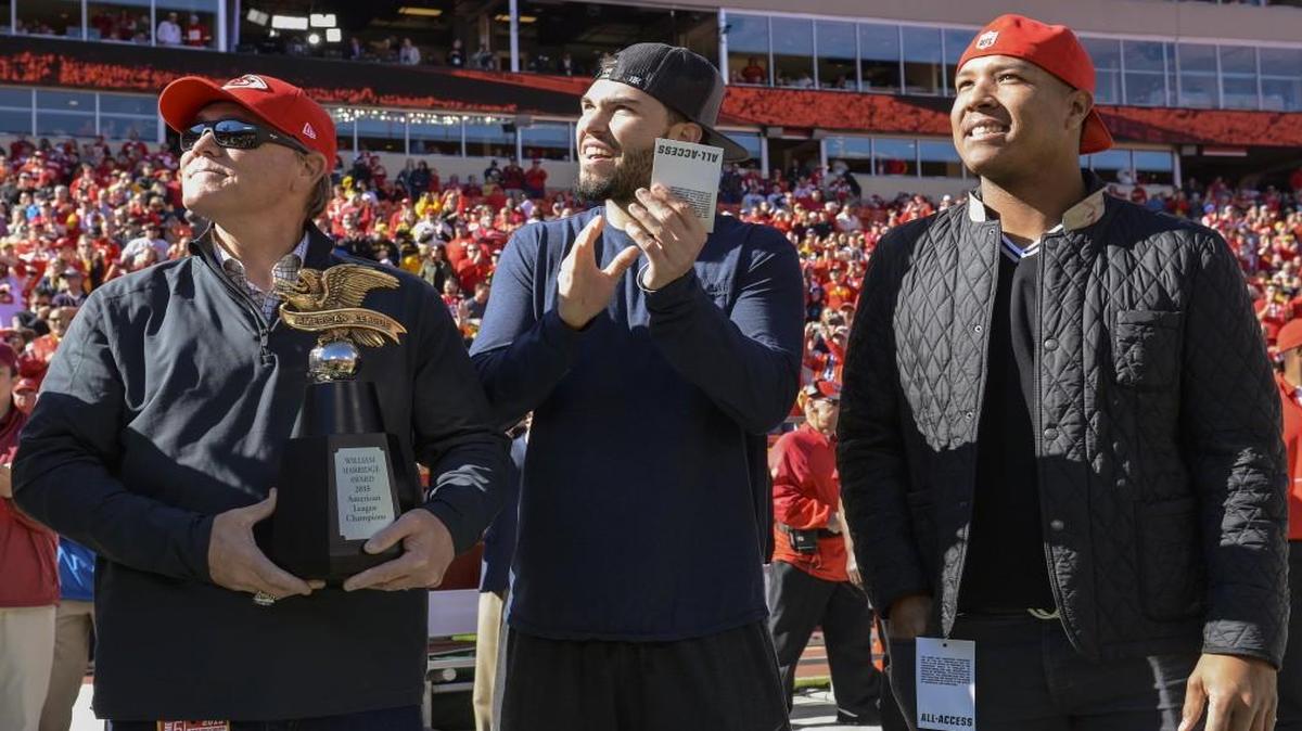 Kansas City Royals manager Ned Yost, first baseman Eric Hosmer and catcher Salvador Perez watched a video montage of the team’s 2015 playoff wins prior to the game between the Kansas City Chiefs and the Pittsburgh Steelers on Oct. 25 at Arrowhead Stadium.