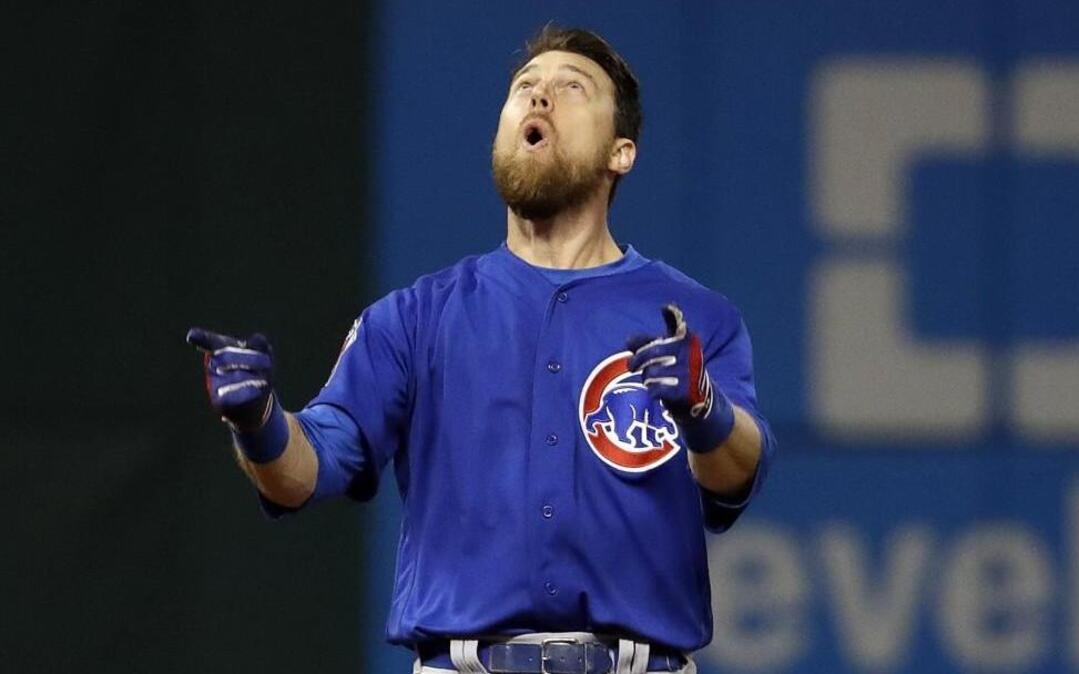 Chicago Cubs left fielder Ben Zobrist celebrated his RBI double during the 10th inning of Game 7 of the World Series.