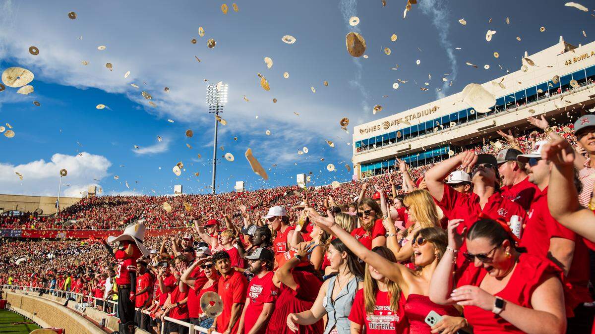Texas Tech students throw tortillas for the opening kickoff during the first half of the game between the Texas Tech Red Raiders and the Arkansas-Pine Bluff Golden Lions at Jones AT&T Stadium on Aug. 30, 2025 in Lubbock, Texas.