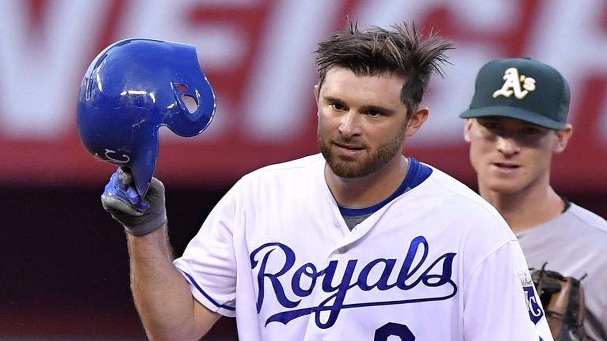 Kansas City Royals catcher Drew Butera did his hair flip after reaching on a double in Monday’s game.