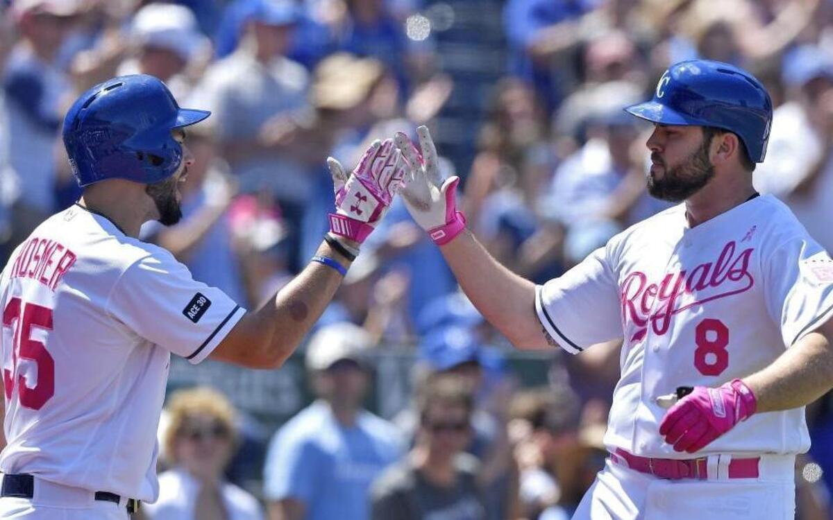 Kansas City Royals' Eric Hosmer congratulated Mike Moustakas on a home run during a game earlier this season.