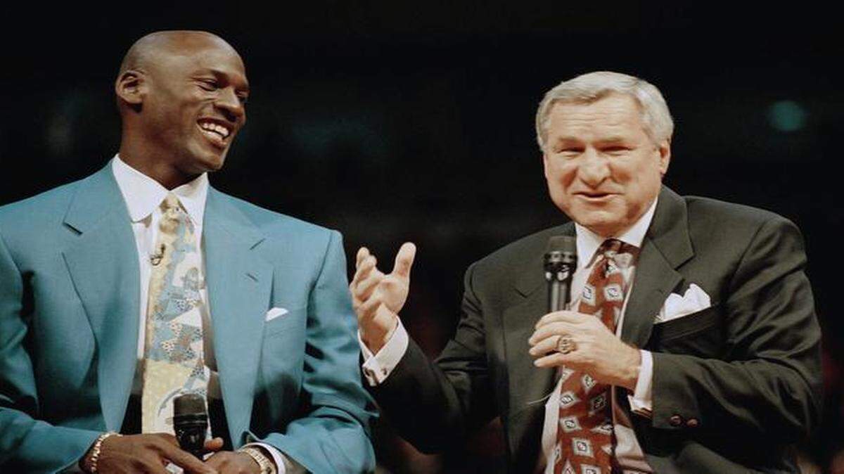 
In a Nov. 1, 1994 file photo, former Chicago Bulls great Michael Jordan shared a moment with Dean Smith, his former coach at North Carolina.
