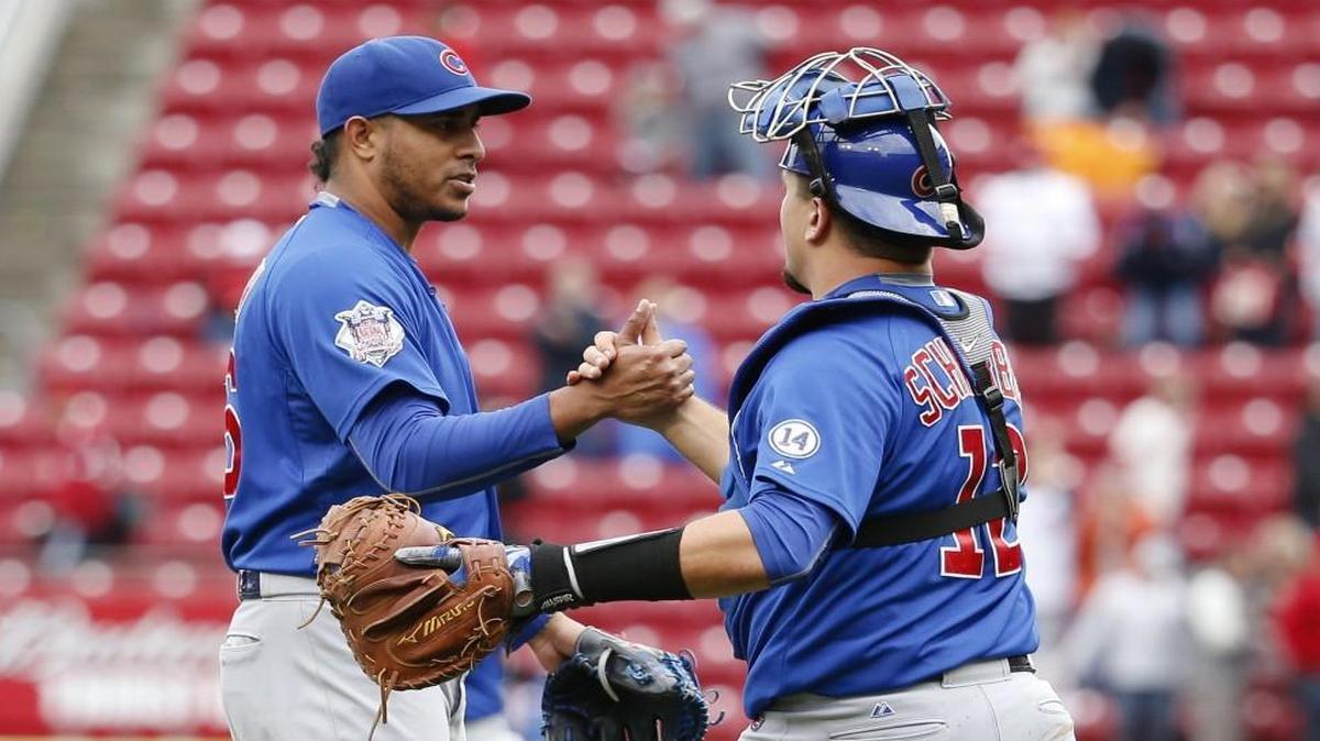 
Chicago Cubs relief pitcher Hector Rondon celebrated with catcher Kyle Schwarber after a win earlier this month over the Reds.
