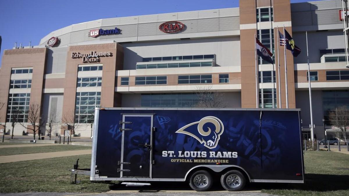 This Jan. 13, 2016 file photo shows a merchandise trailer sitting outside the Edward Jones Dome, former home of the St. Louis Rams, in St. Louis.