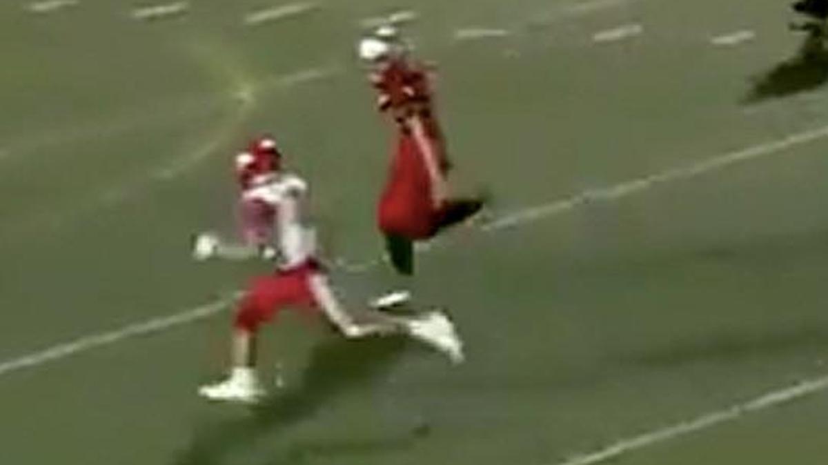 Spoiler alert: He doesn’t reach the end zone.