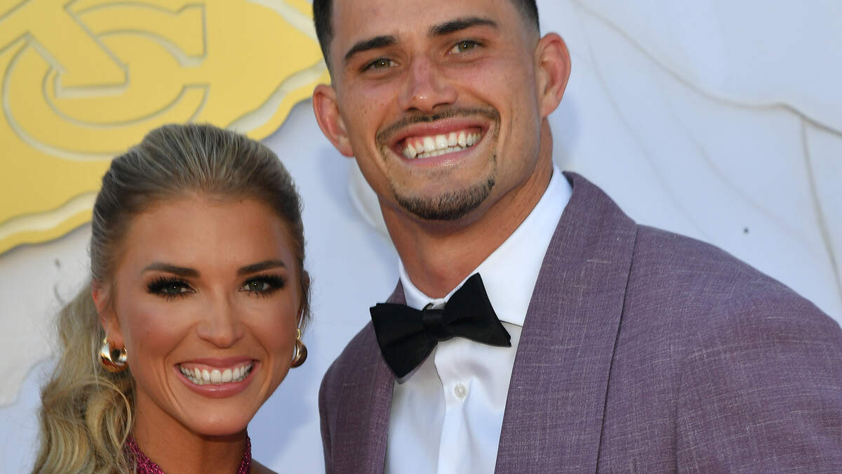 Drue Tranquill of the Kansas City Chiefs and his wife Jackie Tranquill arrive on the red carpet prior to the Kansas City Chiefs Super Bowl Ceremony at Nelson-Atkins Museum of Art on June 13, 2024 in Kansas City.