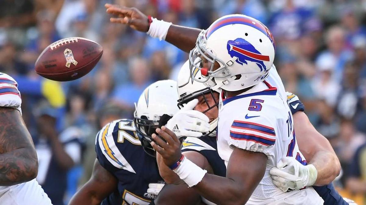 Los Angeles Chargers defensive end Joey Bosa forced a fumble by Buffalo Bills quarterback Tyrod Taylor during Sunday’s game.