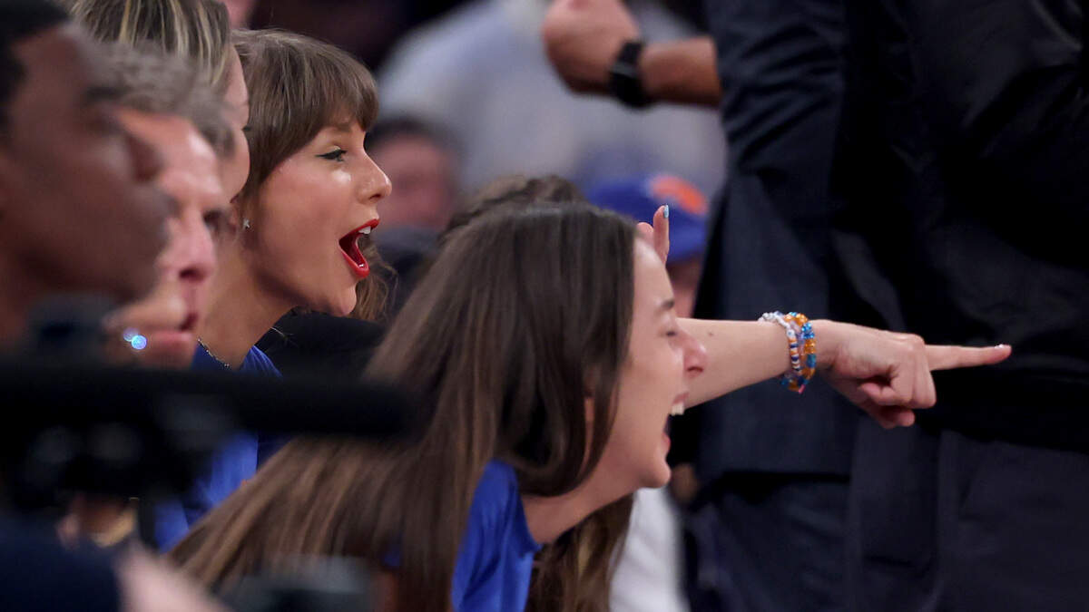 Taylor Swift and Alana Haim attend Game 4 of the 2026 NBA Finals between the San Antonio Spurs and the New York Knicks at Madison Square Garden on June 10, 2026 in New York City.