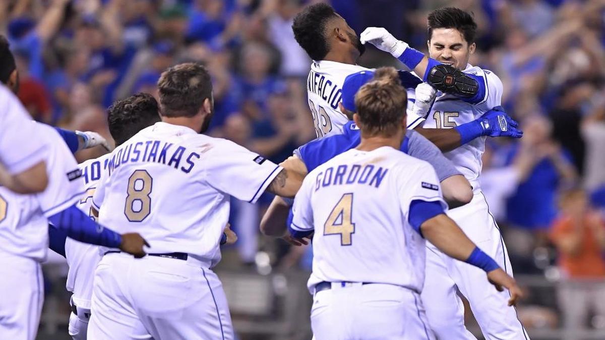 Kansas City Royals second baseman Whit Merrifield celebrated with teammates after his game-winning two-run double in the ninth inning of a game last month against Toronto.
