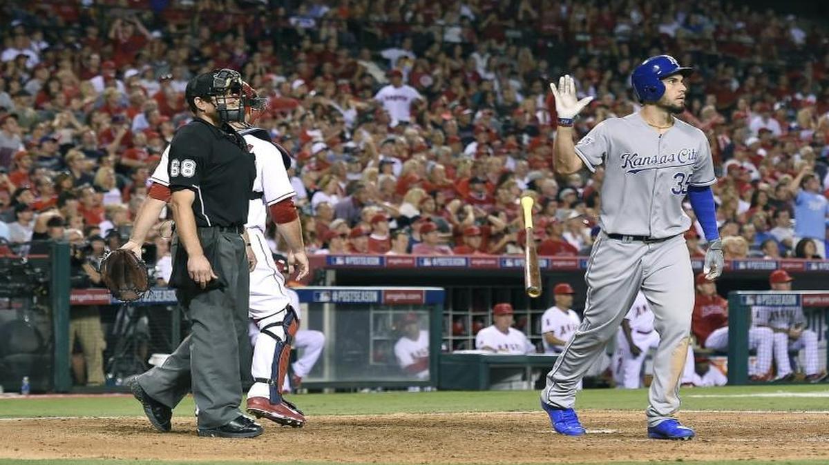 Kansas City Royals first baseman Eric Hosmer watched his two-run home run in the 11th inning of Game 2 of the ALDS against the Angels.