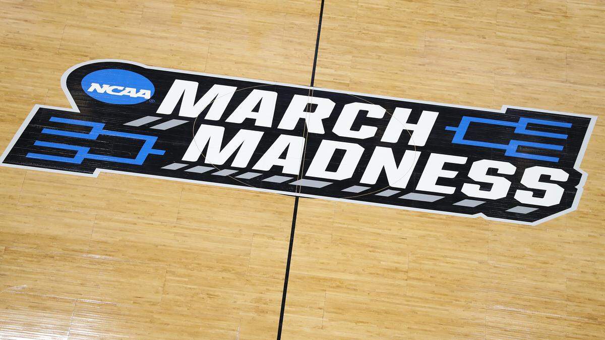 A general view of a 'March Madness' logo is seen during practice before the First Round of the NCAA Basketball Tournament at Vivint Smart Home Arena on March 20, 2019 in Salt Lake City, Utah.