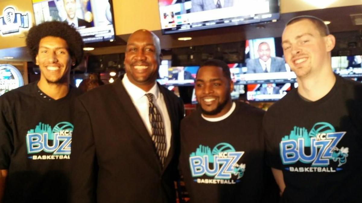 KC Tornados players (from left) Kevin Young, Sherron Collins and Jacob French of MidAmerica Nazarene posed with coach Calvin Thompson.