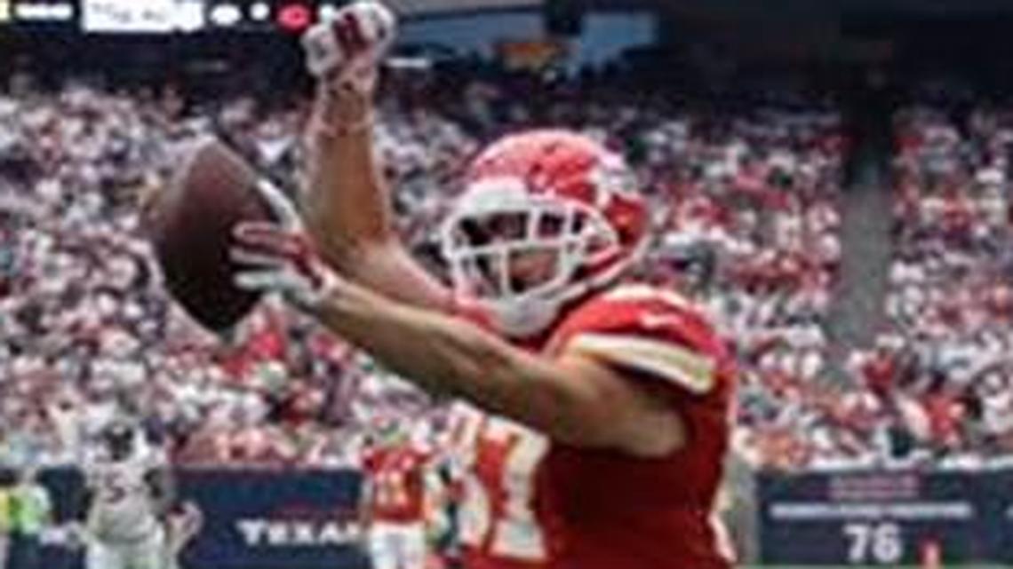 
Kansas City Chiefs tight end Travis Kelce prepared for an epic spike even before scoring his second touchdown against the Houston Texans.
