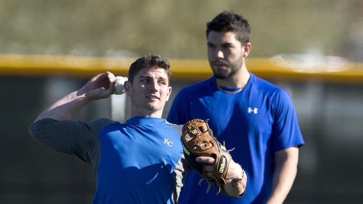 Johnny Giavotella (left) and Eric Hosmer at an informal spring training workout in 2013 in Surprise, Ariz.