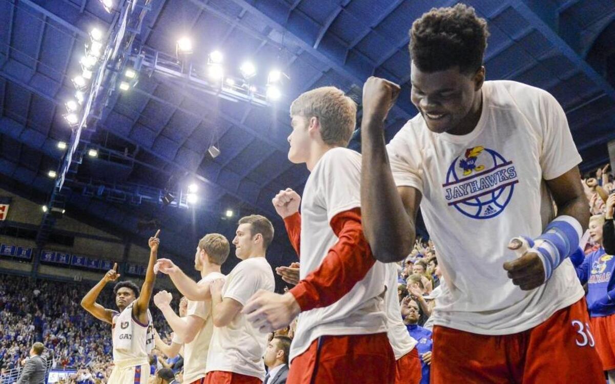 The Kansas Jayhawks bench, including center Udoka Azubuike celebrated during Monday’s game.