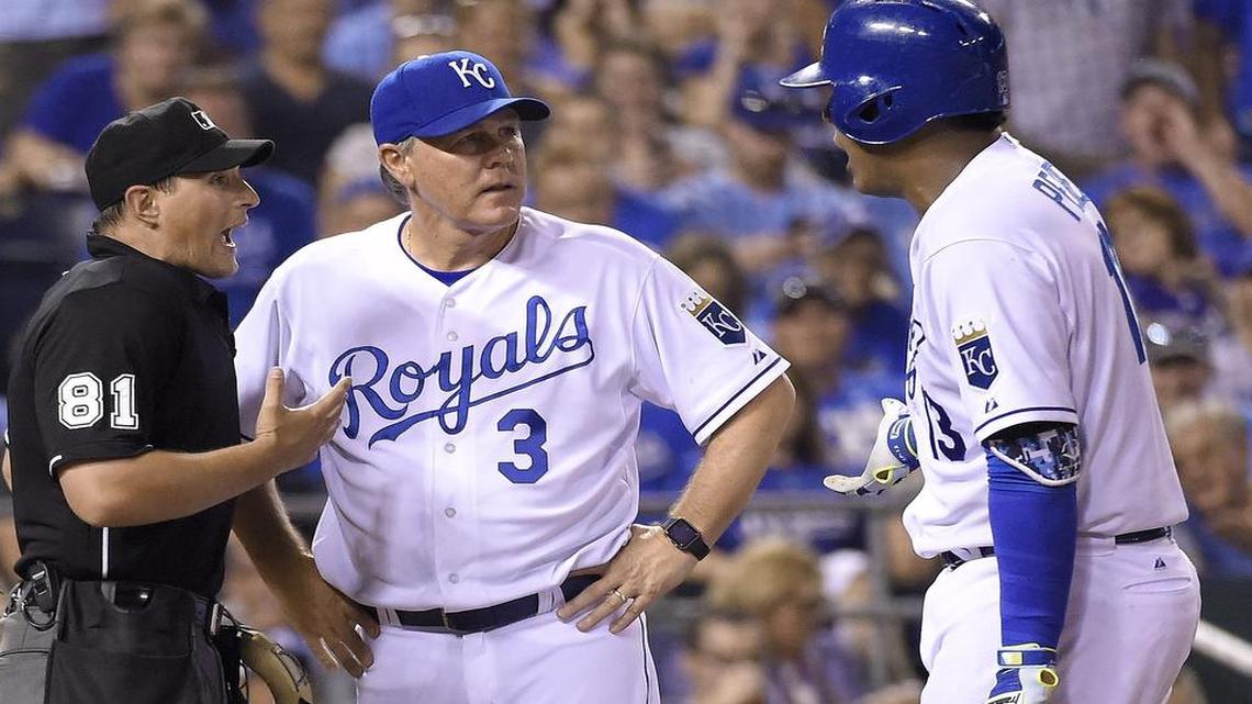 
Ned Yost was wearing his Apple watch when he talked with umpire Quinn Wolcott on Sunday after Salvador Perez was ejected.
