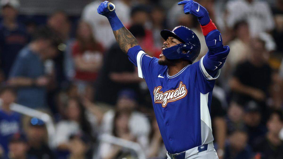 Maikel Garcia of Team Venezuela celebrates his home run during the fifth inning against Team Japan during the 2026 World Baseball Classic at loanDepot park on March 14, 2026 in Miami, Florida.