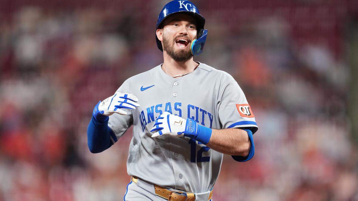 Nick Loftin #12 of the Kansas City Royals celebrates as he rounds the bases after hitting a two-run home run during the ninth inning of a baseball game against the Cincinnati Reds at Great American Ball Park on June 3, 2026 in Cincinnati, Ohio.