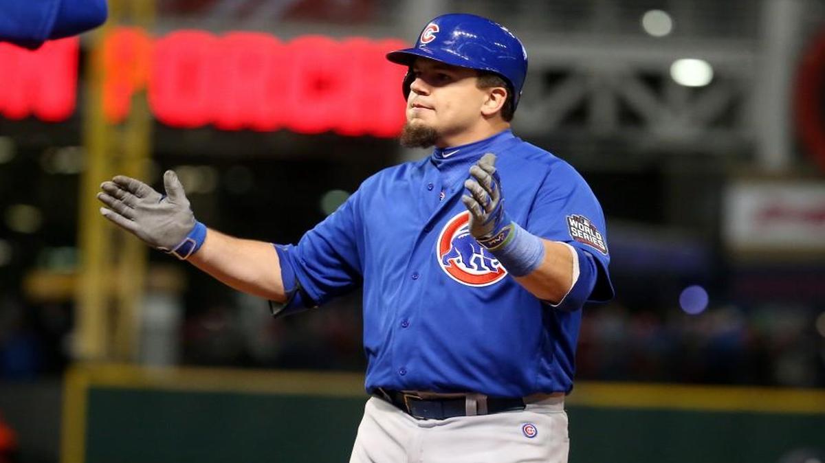 Chicago Cubs designated hitter Kyle Schwarber reacted after hitting an RBI single in the fifth inning.