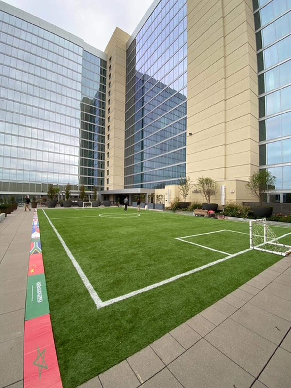 A soccer field for kids was set up outside the Loews Kansas City hotel.