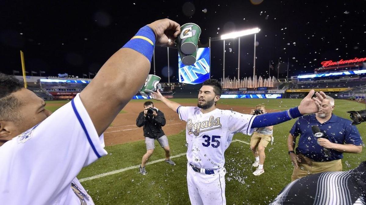 Kansas City Royals first baseman Eric Hosmer got a mini-version of the Salvador Perez splash after Friday’s game.
