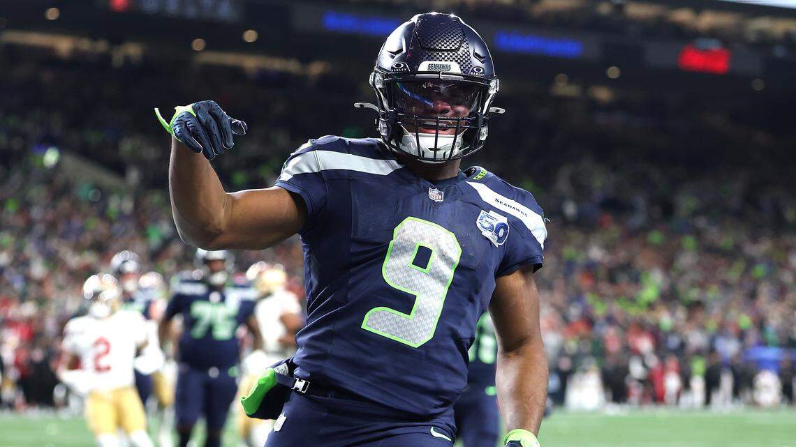 enneth Walker III of the Seattle Seahawks celebrates a touchdown during the second quarter against the San Francisco 49ers in the NFC Divisional Playoff game at Lumen Field on Jan. 17, 2026 in Seattle.