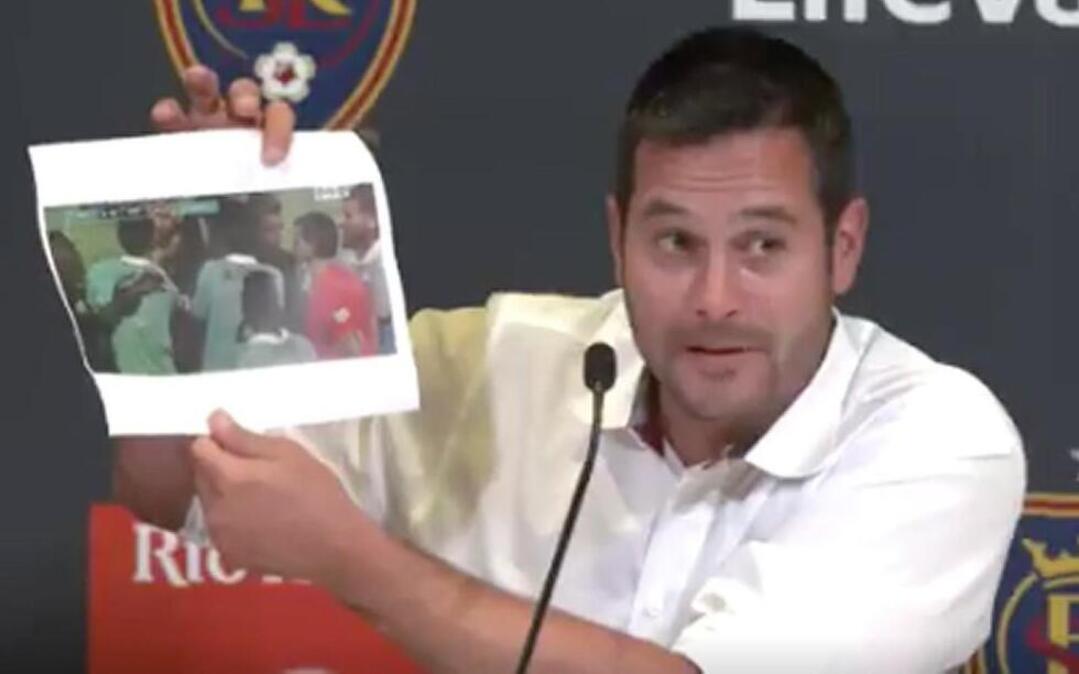 Real Salt Lake coach Mike Petke made copies for all the reporters as he discussed MLS officiating on Saturday.
