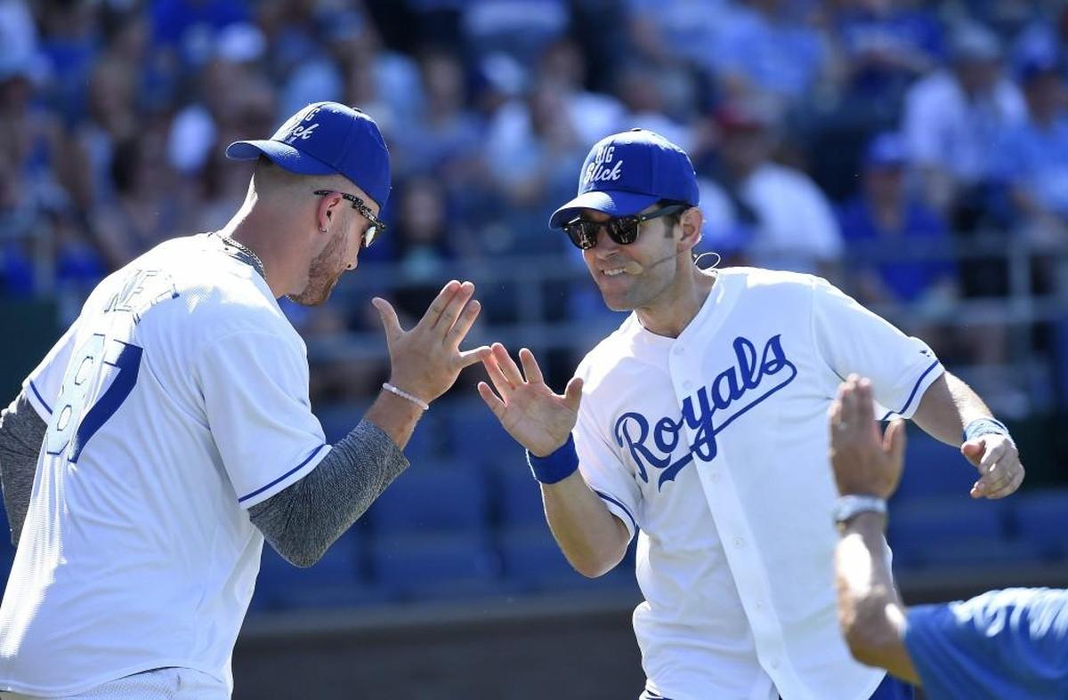 Paul Rudd was congratulated by Kansas City Chief Travis Kelce after scoring during the Big Slick celebrity softball at Kauffman Stadium in 2015.