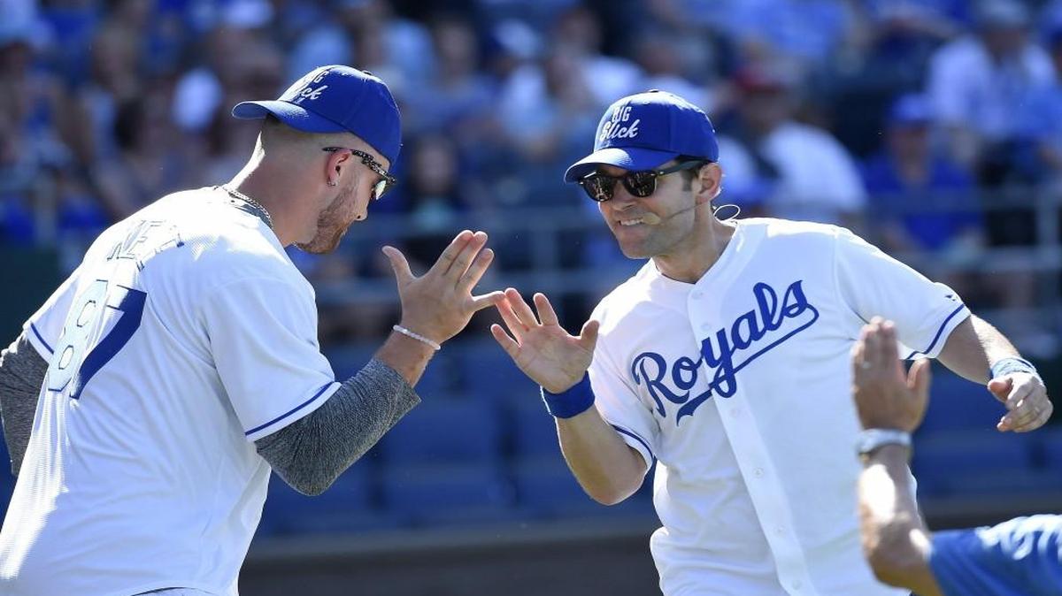 Paul Rudd was congratulated by Kansas City Chief Travis Kelce after scoring during the Big Slick celebrity softball at Kauffman Stadium in 2015.