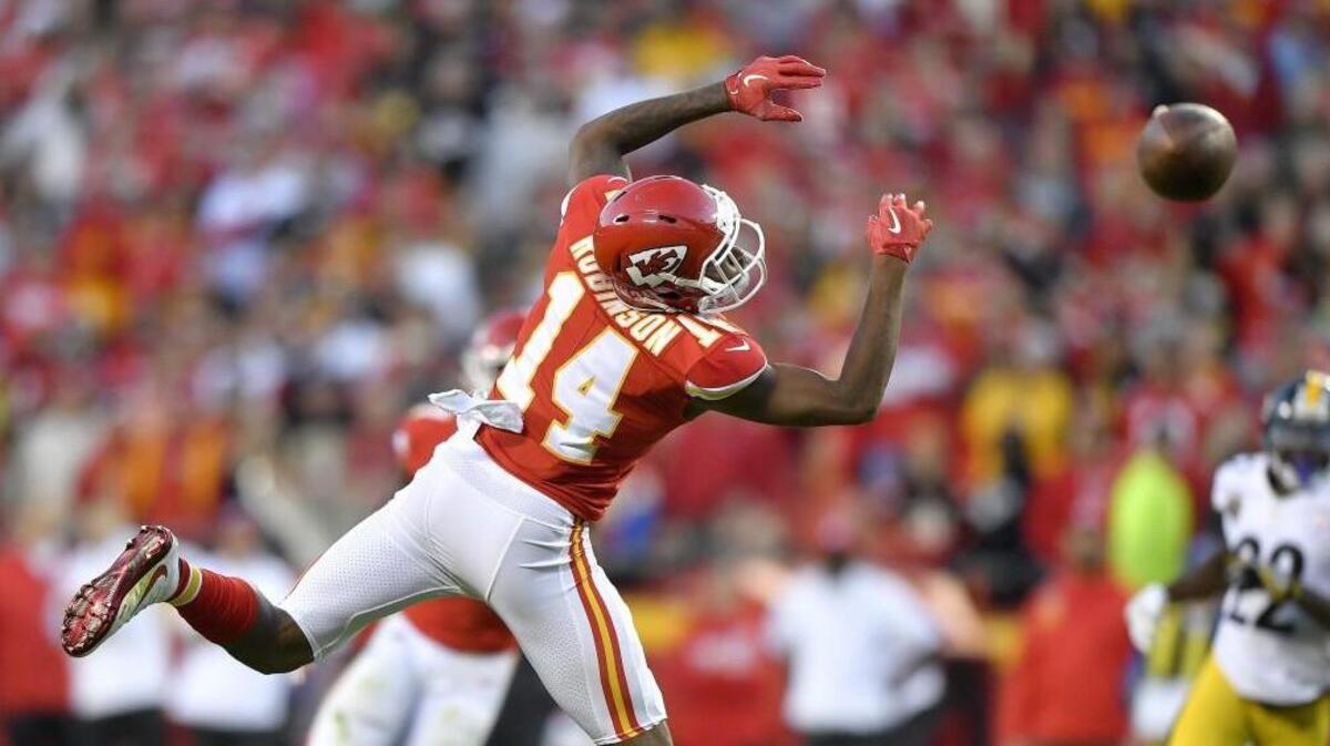 Kansas City Chiefs wide receiver Demarcus Robinson couldn’t grab this pass with a minute left in the fourth quarter of Sunday’s game against the Pittsburgh Steelers.