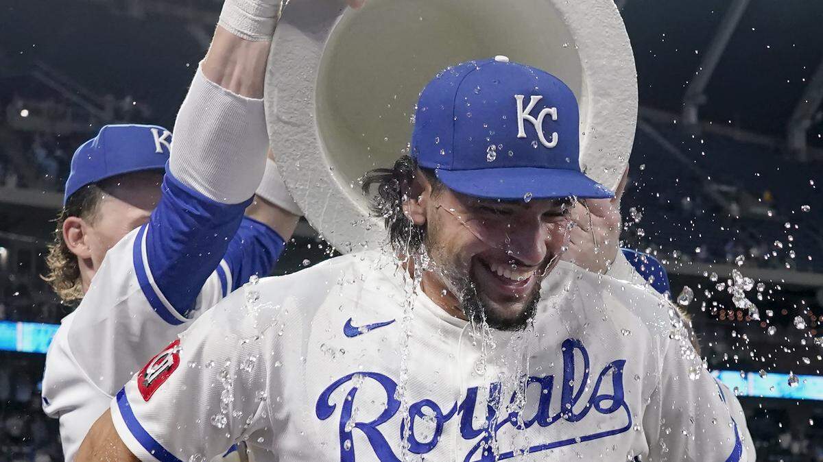 Royals outfielder Jac Caglianone was doused with water by Bobby Witt Jr. and Carter Jensen after a 6-2 win over the Cleveland Guardians at Kauffman Stadium on May 4, 2026 in Kansas City, Missouri.