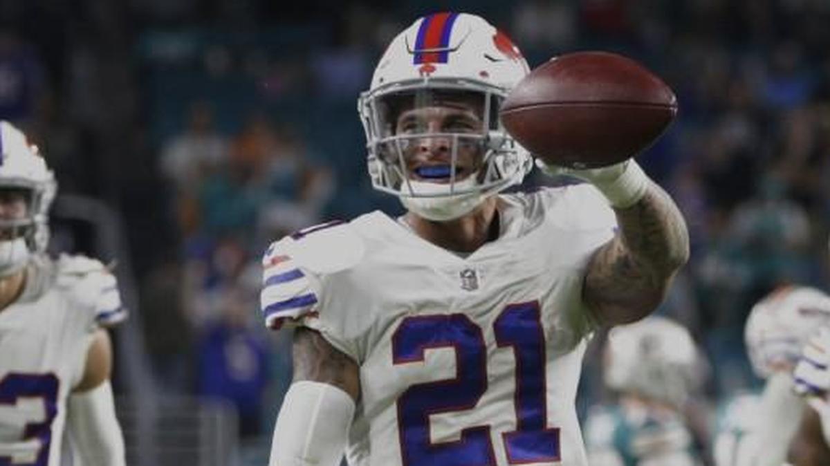 Buffalo Bills free safety Jordan Poyer showed the ball after he intercepted a pass late in the Sunday’s game.