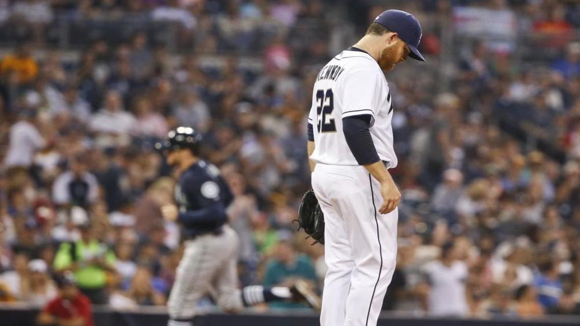 San Diego Padres starting pitcher Ian Kennedy waited as Seattle’s Brad Miller rounded third after hitting a two-run home run during a game in June.