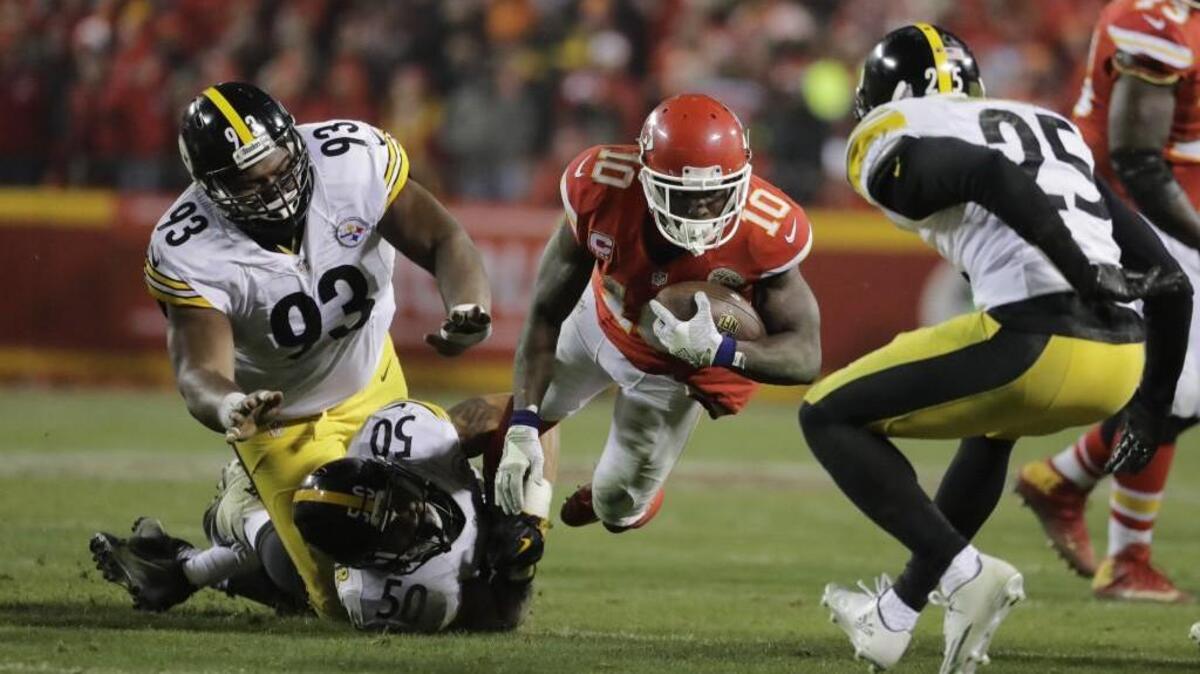 Chiefs wide receiver Tyreek Hill was tackled by Pittsburgh Steelers inside linebacker Ryan Shazier during the playoff game in January.