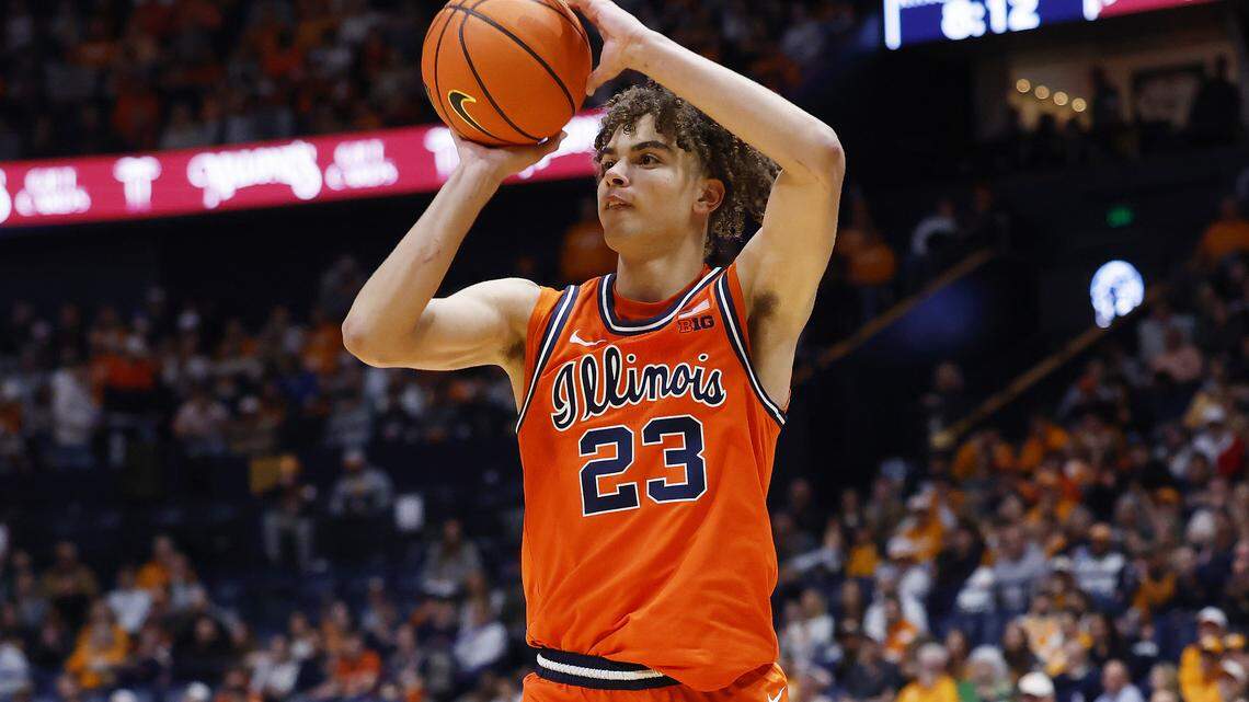 Illinois star Keaton Wagler makes a three-point shot during the first half of the Music City Madness game against the Tennessee Volunteers at Bridgestone Arena on Dec. 6, 2025 in Nashville, Tennessee.