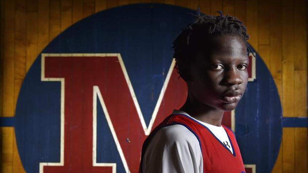 
Portrait of Bol Bol, son of former NBA star Manute Bol. Bol is a 6-10 freshman at Bishop Miege High School.
