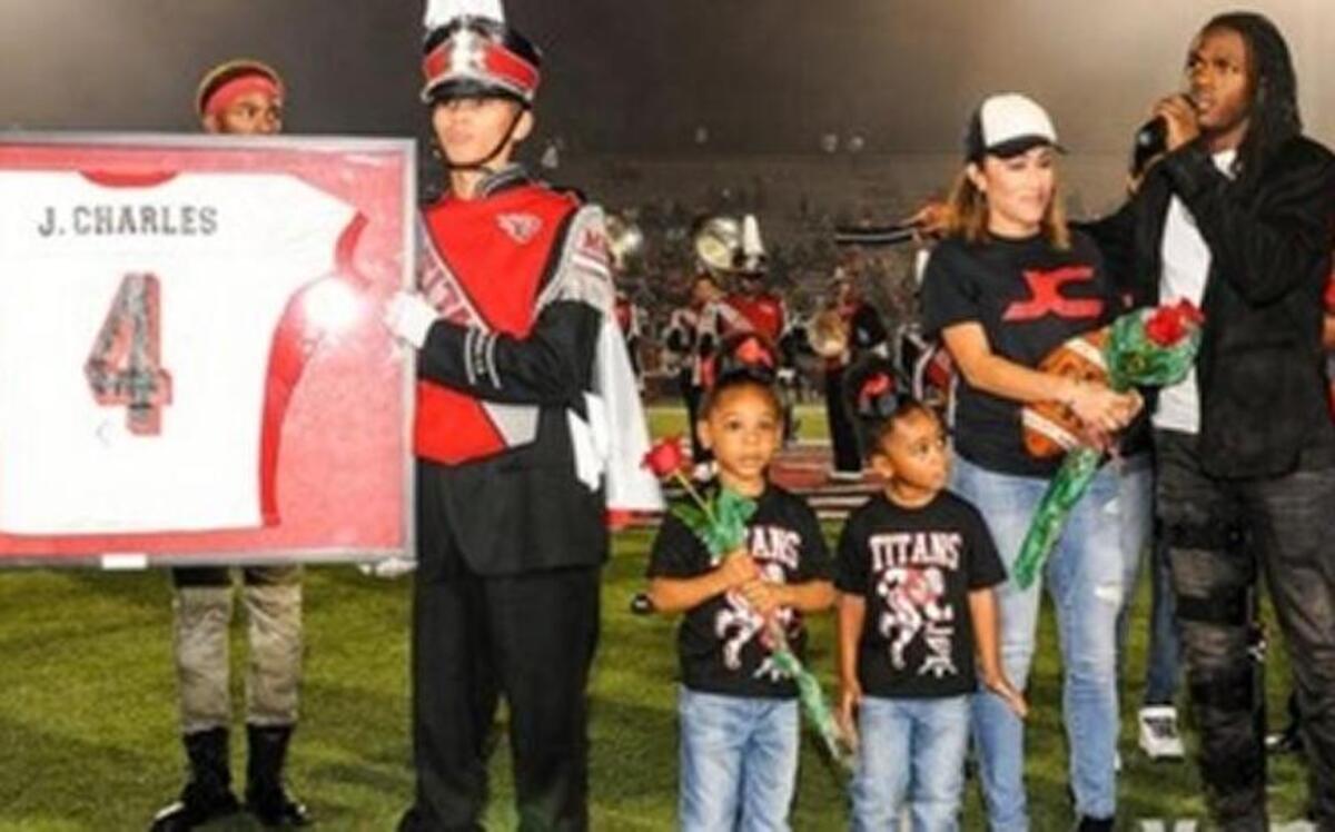 Chiefs running back Jamaal Charles during a ceremony at his old high school.