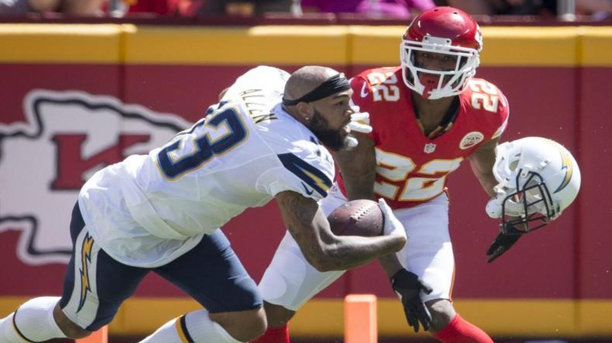 San Diego Chargers wide receiver Keenan Allen lost his helmet as Kansas City Chiefs cornerback Marcus Peters watched in the second quarter a game on Sept. 11.