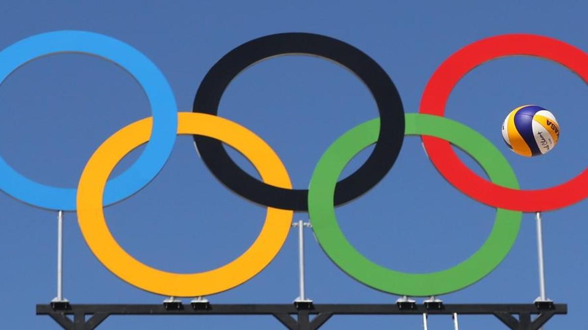 A ball soared past the Olympic rings placed at the Copacabana beach volleyball arena prior to the 2016 Summer Olympics in Rio de Janeiro, Brazil, on Friday.