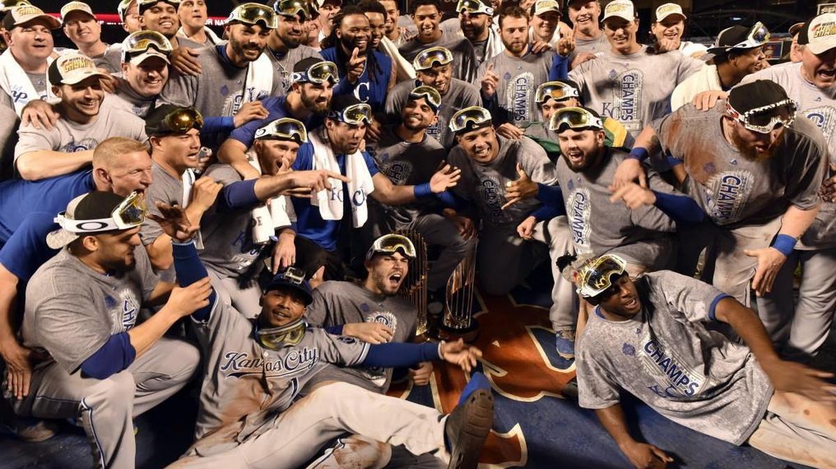 Members of the Kansas City Royals posed for a group photo after the Royals defeated the New York Mets 7-2 and won World Series on Nov. 1, 2015 at Citi Field in New York.